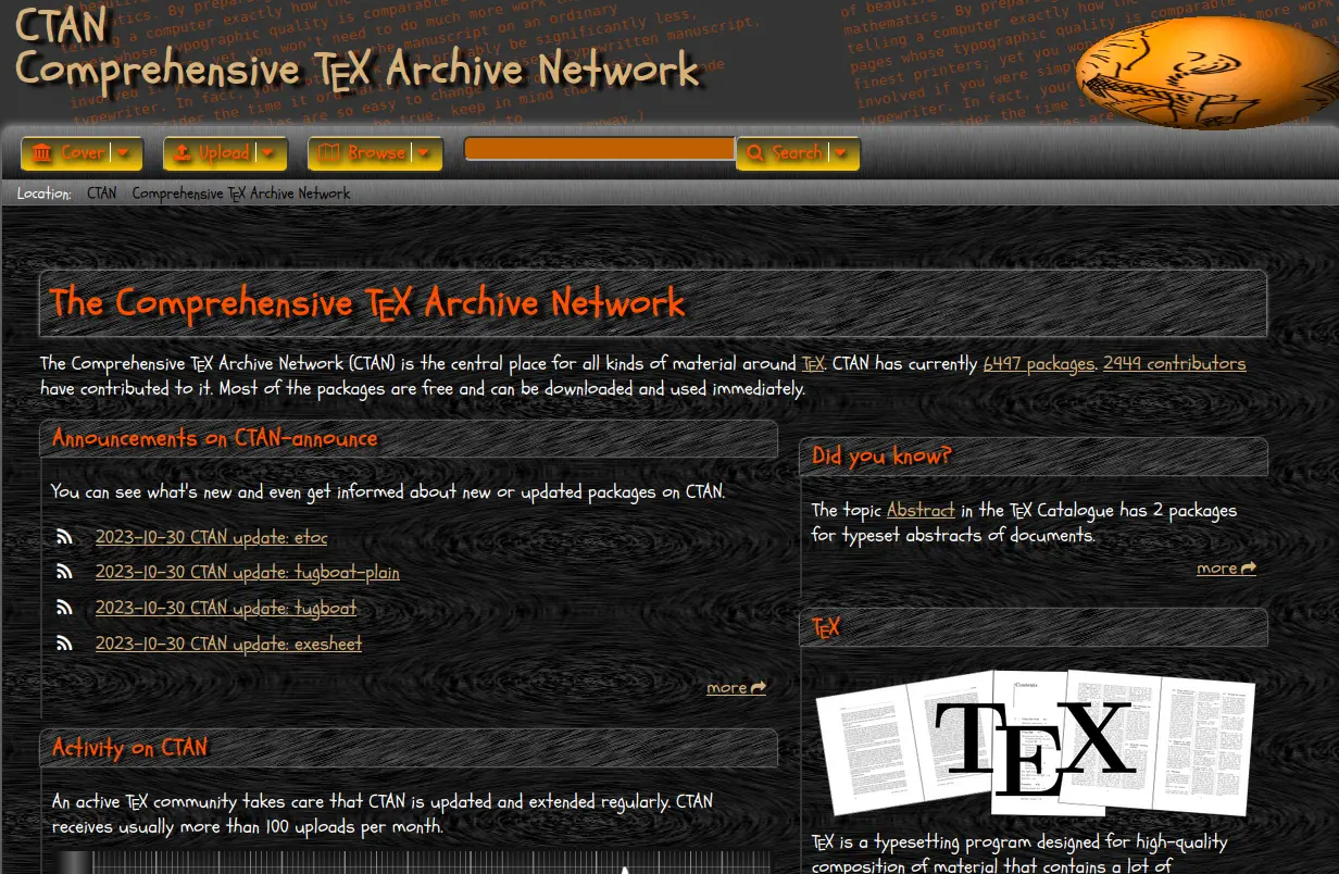 Screenshot von ctan.org. Vom Design her erinnert sie an übertriebene websites aus den 90ern. Die Seite ist in Rot-/Orange-/Schwarztönen gehalten. Die Schriftart erinnert an Comic Sans (ist aber eigentlich „Schoolbell“). Rechts oben ist das Seitenlogo, projeziert auf eine abgeflachte Kugel. Hintergrundbild für den Text ist eine Textur, die entweder schwarzes Holz oder Marmor darstellen könnte.