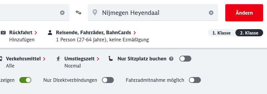 Screenshot. Jede Menge Angaben zur Fahrt. Oben links in der Ecke ist ein roter „Ändern“-Button. In der Mitte irgendwo steht „Reisende, Fahrräder, Bahncards > 1 Person, keine Ermäßigung.