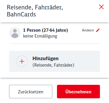 Screenshot. Liste von Reisenden. 1 Person, keine Ermäßigung. Daneben ein kleiner „ändern“-Link mit einem Stift-Symbol. Darunter, viel größer, ein „Hinzufügen“-Button. Unter„Hinzufügen“ steht auf dem Button noch in Klein „(Reisende, Fahrräder)“. Ganz unten ein „Übernehmen“-Button