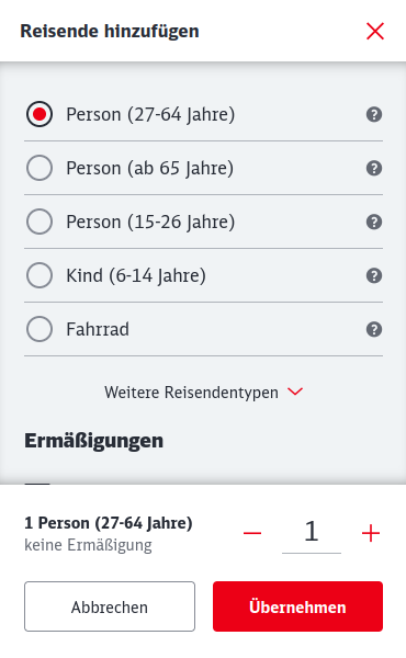 Screenshot. Überschrift: „Reisende hinzufügen“ Darunter eine Radiobutton-Liste von verschiedenen Personengruppen (nach Alter) und die Option „Fahrrad“. Weiter unten die Überschrift „Ermäßigungen“. Ganz unten ein „Übernehmen“-Button.