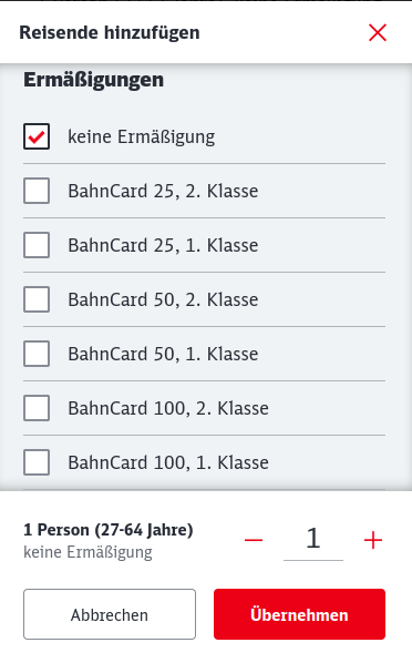 Screenshot. Selbe Darstellung wie im vorherigen Bild, doch statt der Radiobutton-Liste ist jetzt eine Checkbox-Liste mit Bahncards da.