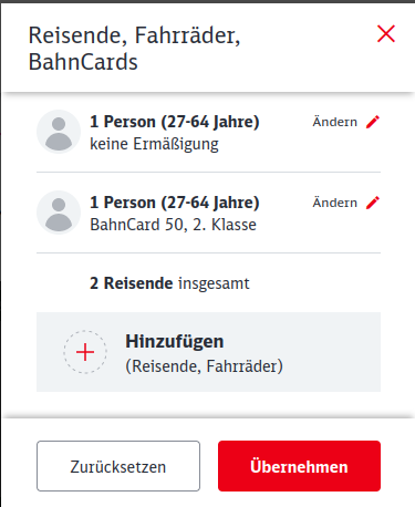 Screenshot. Die Liste von Reisenden aus Schritt 3, nur stehen dort jetzt zwei Reisende einmal mit- und einmal ohne Bahncard.