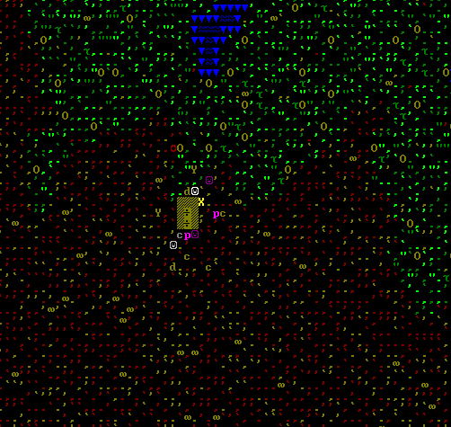 Pixeldarstellung eines Dwarf Fortress-Embarkings. Die Wiese und eine lehmige Fläche sind mit Kommata, Apostrophen und so weiter in grün bzw. dunkelrot dargestellt.