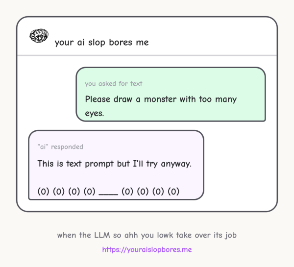 Selber Prompt, Antwort: „This is a text prompt but I'll try anyway.“, danach eine ASCII-Art mit vielen Augen