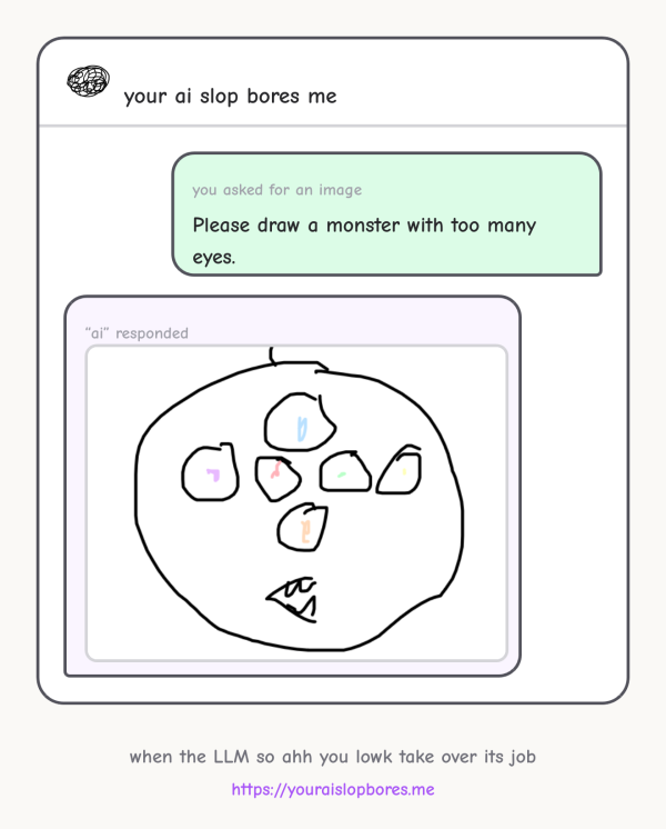 Selber Prompt, Die Zeichnung ist ein Kreisförmiges Monster mit Spitzen Zähnen und sechs im Kreuz angeordneten Augen in verschiedenen Farben