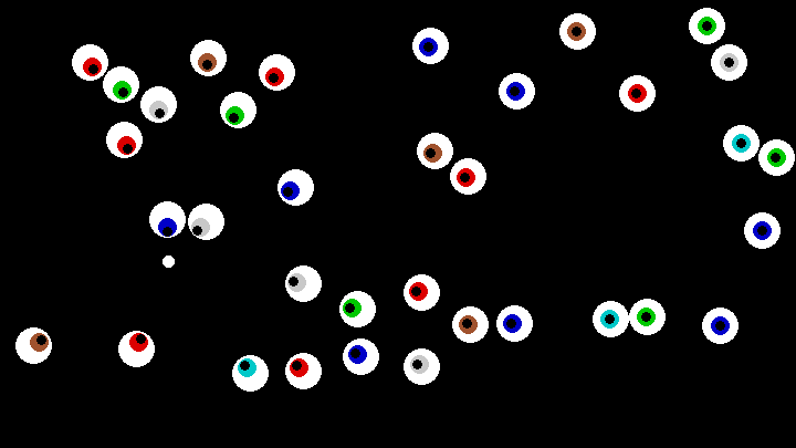 Viele Augäpfel mit verschiedenen Augenfarben auf schwarzem Hintergrund blicken in die Richtung eines kleinen weißen Kreises in der linken Hälfte des Bildes. Je weiter ein Auge von dem Fleck entfernt ist, desto weniger intensive schaut es in Richtung des Kreises.