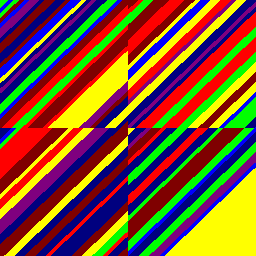 Das Bild ist in vier Teile geteilt, in denen jeweils farbige Streifen diagonal verlaufen