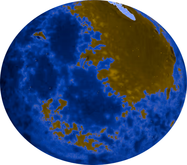 Derselbe Bildausschnitt wie vorhin, aber ein großer Teil der Fläche ist jetzt in Blautönen, der Rest in Brauntönen. Es sieht aus wie eine Weltkarte mit Ozean, einem Kontinent und ein paar Inseln.