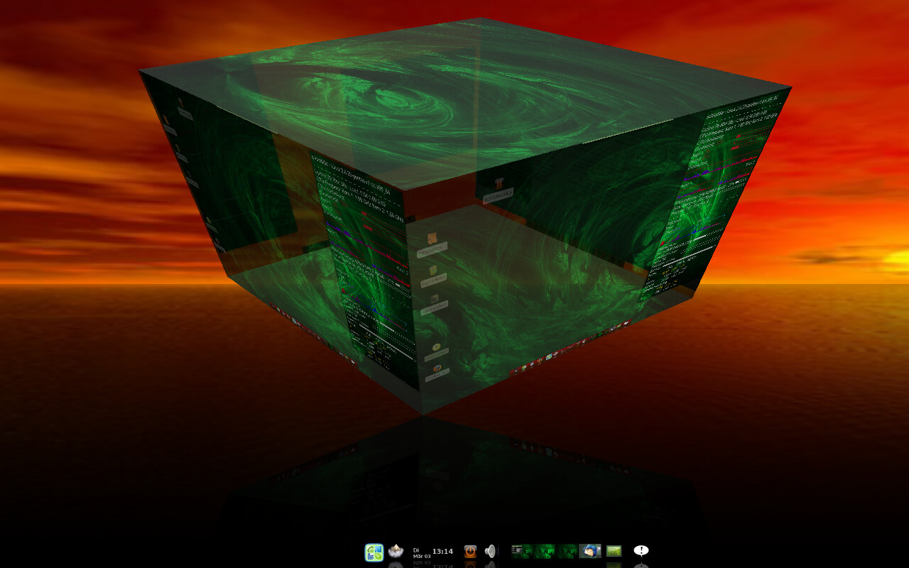 Ein Desktop im Compiz-Stil als Würfel dargestellt