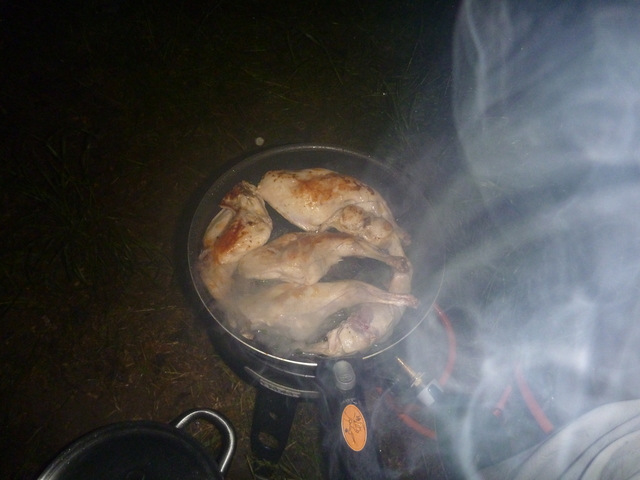 Auf einem Gas-Campingkocher ist eine Pfanne, in der Fleischstücke angebraten werden. Dampf überdeckt das rechte Drittel des Bildes.