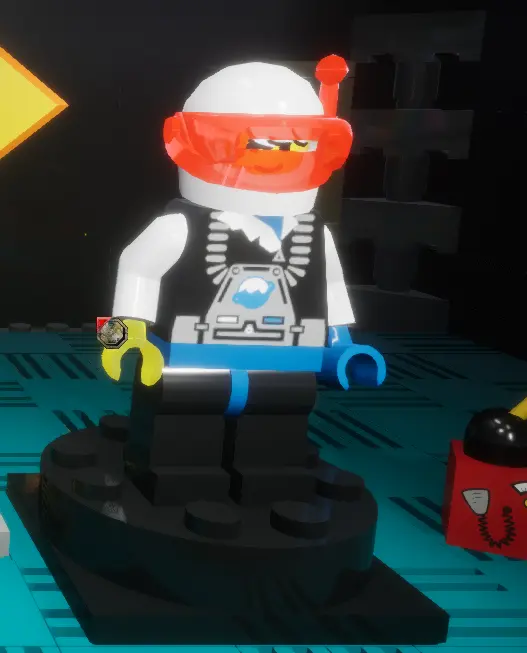 3D-Grafik einer Lego-Minifigure aus dem Ice Planet 2002-Set. Die Figur ist in Blau und Schwarz gehalten. Sie trägt einen weißen Helm mit einem Neonorangen Visier mit Antenne.