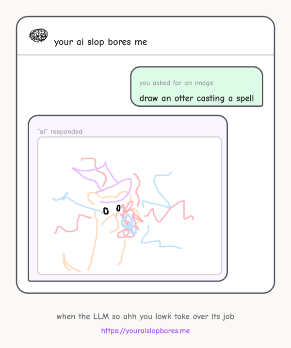 Mein Prompt: „draw an otter casting a spell“. Darunter eine Strichzeichnung eines auf auf den Hinterpfoten stehenden Otters, von dem mehrere bunte Linien ausgehen, die sich in zwischen den Vorderpfoten zu einem bunten Ball mischen