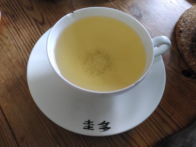 Eine weiße Porzellantasse auf einem weißen Unterteller. Die Tasse ist mit einem Grüntee gefüllt.