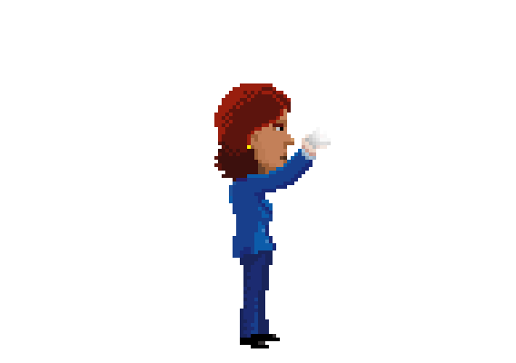 Animierte Pixel-Art. Agent Ray hält eine Polaroidkamera auf Augenhöhe, der Blitz der Kamera ist in Endlosschleife animiert.