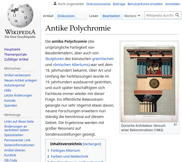 Screenshot eines Wikipedia-Artikels, oben sind Links zum Bearbeiten und ein Suchfeld, links ist ein Navigationsmenü, der restliche Platz wird vom Artikel eingenommen