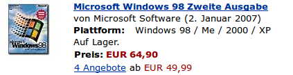 Screenshot von amazon.de. Links ist eine Windows 98-Verpackung abgebildet. Rechts stehen Informationen zum Produkt, u.a. der Preis von 64,9€ und die Plattform, auf der es laufen soll: „Windows 98 / Me / 2000 / XP“